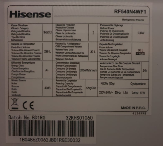 Primer nalepke Hisense za hladilnik