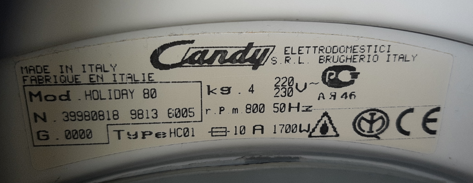 Primer nalepke Candy za pralni stroj