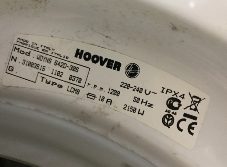 Primer nalepke Hoover za pralni stroj